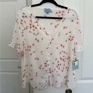 NWT CeCe White Blouse with Pink Floral Print